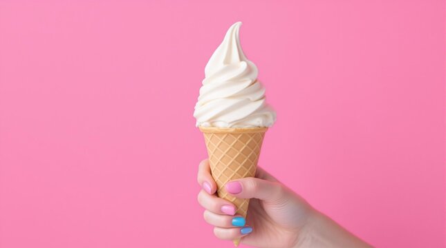 Delicioso helado blanco en un cono de galleta sostenido por una mano femenina, aislado sobre fondo rosa
