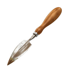 Obraz premium Gardening trowel with wooden handle and stainless steel blade, ideal for planting and digging in soil. must have tool for any gardening enthusiast