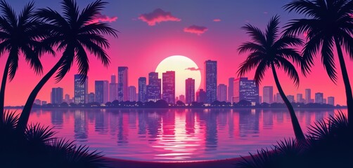 Miami city skyline at sunset. Vibrant neon colors create retro 80s vibe. Palm trees frame coastal scene. Water reflects city lights. Beachfront setting with busy city life. Dynamic city landscape at