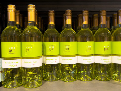 Array of lese gut gemischter satz austrian white wine bottles on display