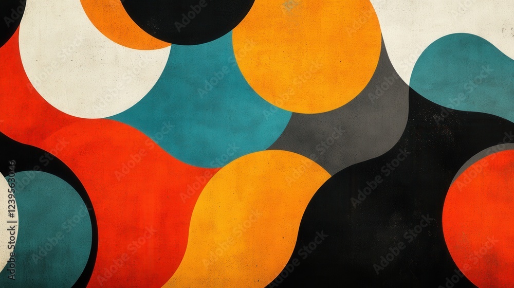 Poster colorful geometric abstract art with overlapping circles and curves on textured background