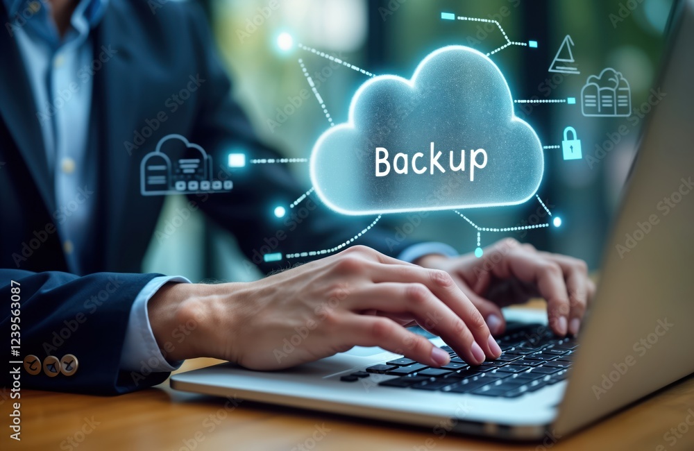 Poster Businessperson interacts with futuristic virtual cloud backup interface on laptop. Person types on laptop computer. Hologram cloud network shows backup data security system. Focus on tech solutions,
