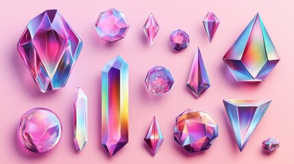 Collection of colorful iridescent crystals on pink background