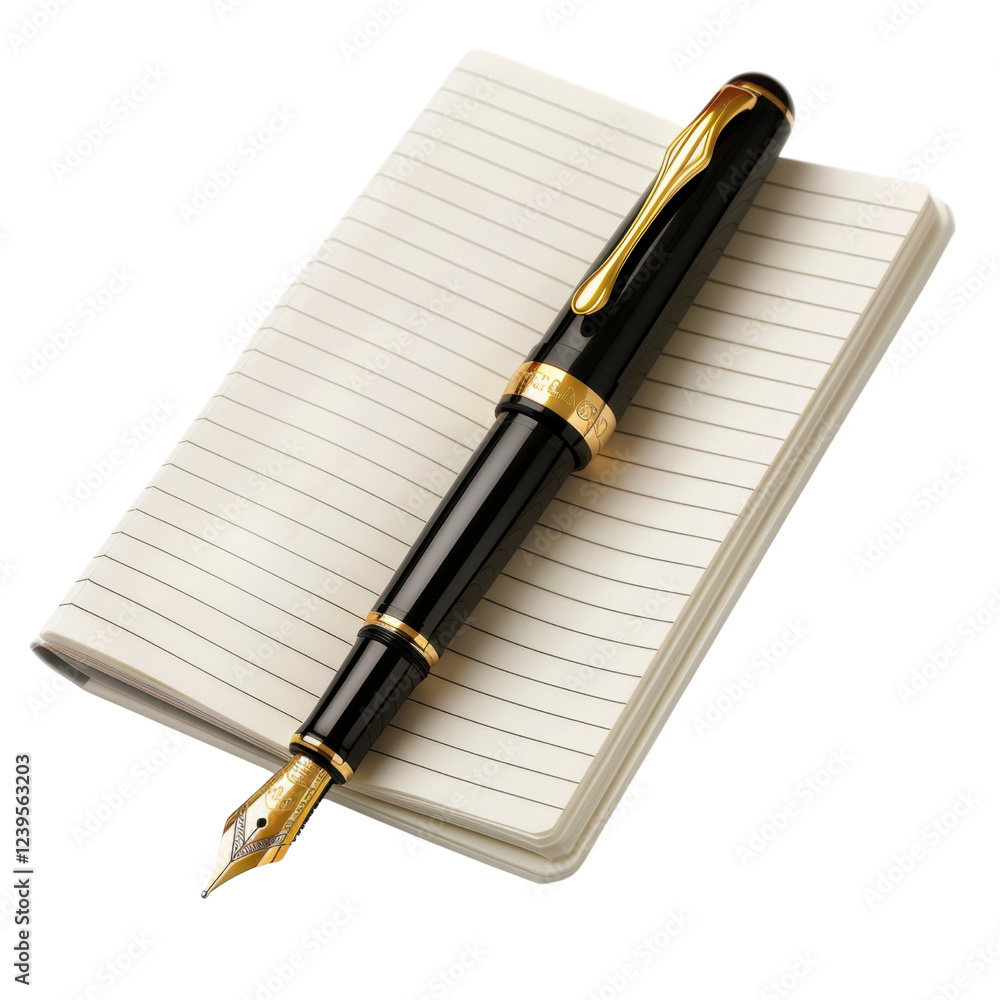 Poster luxurious fountain pen resting on open notebook with lined pages, symbolizing creativity and eleganc