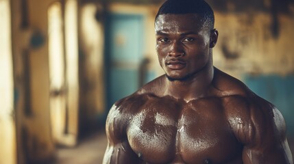 Muscular young man standing in abandoned building, displaying strength and focus