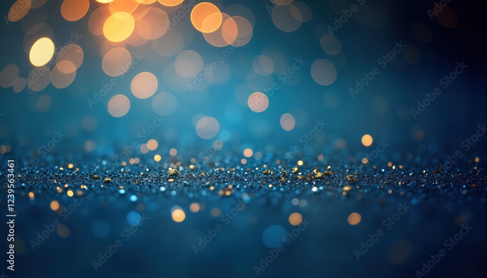 Poster blue background with scattered gold glitter, bokeh. shiny bright particles create festive atmosphere