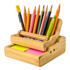 Fototapeta premium Organized bamboo pencil holder with colored pencils and sticky notes. Perfect for creative workspace, adding touch of nature and color to your desk