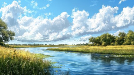 Scenic summer landscape featuring serene river and cloudy blue sky