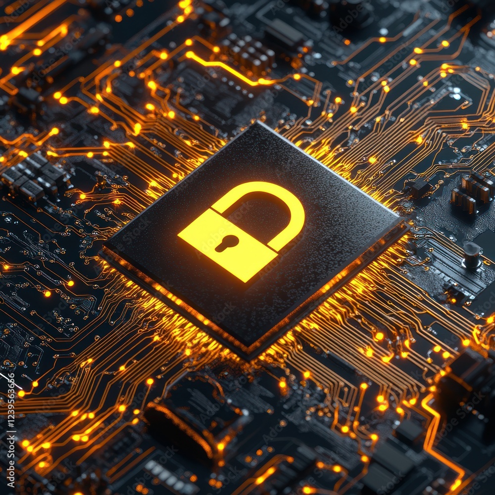 Poster glowing padlock on computer chip. electronic circuit security and cyber safety concept for digital d