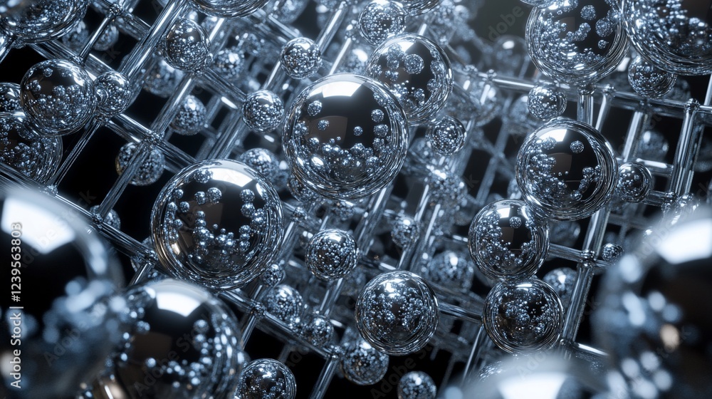 Poster abstract futuristic metallic chrome spheres connected by grid structure rendering