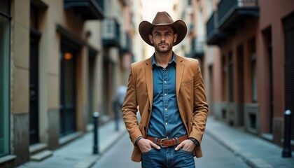 Obraz premium Young man wears cowboy hat stylish urban attire. Stands confidently on city sidewalk late afternoon. Man wears brown jacket denim shirt jeans, boots. Looks serious, leaning slightly, hands in