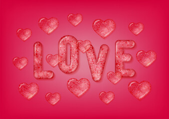 Love concept for Valentine's day celebration. Burgundy banner A2 with 3d transparent text love and hearts. Template for greeting cards, vouchers and sale banners. Vector illustration.