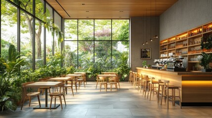 Cozy modern café with wooden interior and lush greenery, featuring spacious seating and large windows