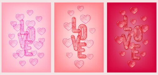 Love concept for Valentine's day celebration. Posters set. Pink, coral and  burgundy cards A3 with 3d transparent text love. Template for greeting cards, vouchers and sale banners. 