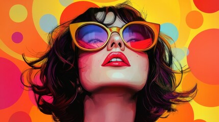 Woman with sunglasses against a colorful retro background