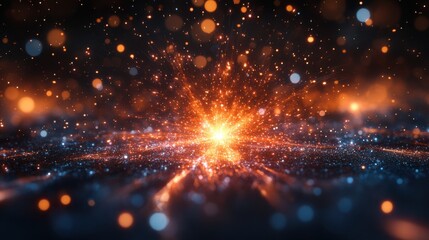Fototapeta premium Vibrant abstract light burst with orange and blue particles on dark background