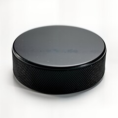 Black hockey puck isolated on white background. Round sports equipment. Detailed texture visible. Realistic design. Sport equipment for hockey game. Ideal for illustrating sports concepts as game