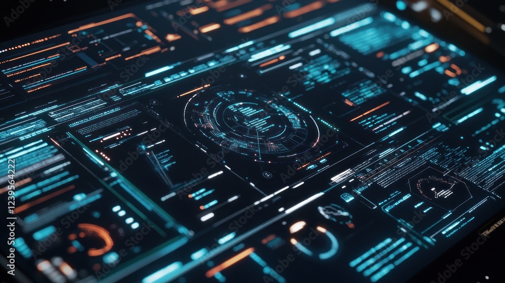 Poster futuristic data display with intricate information and technological interface