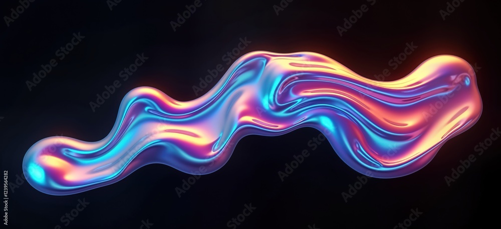 Poster Holographic liquid blob shape with iridescent wavy texture. Melted substance on black backdrop. Abstract art graphic design. Futuristic, modern colorful form. Liquid element shape. Colorful design