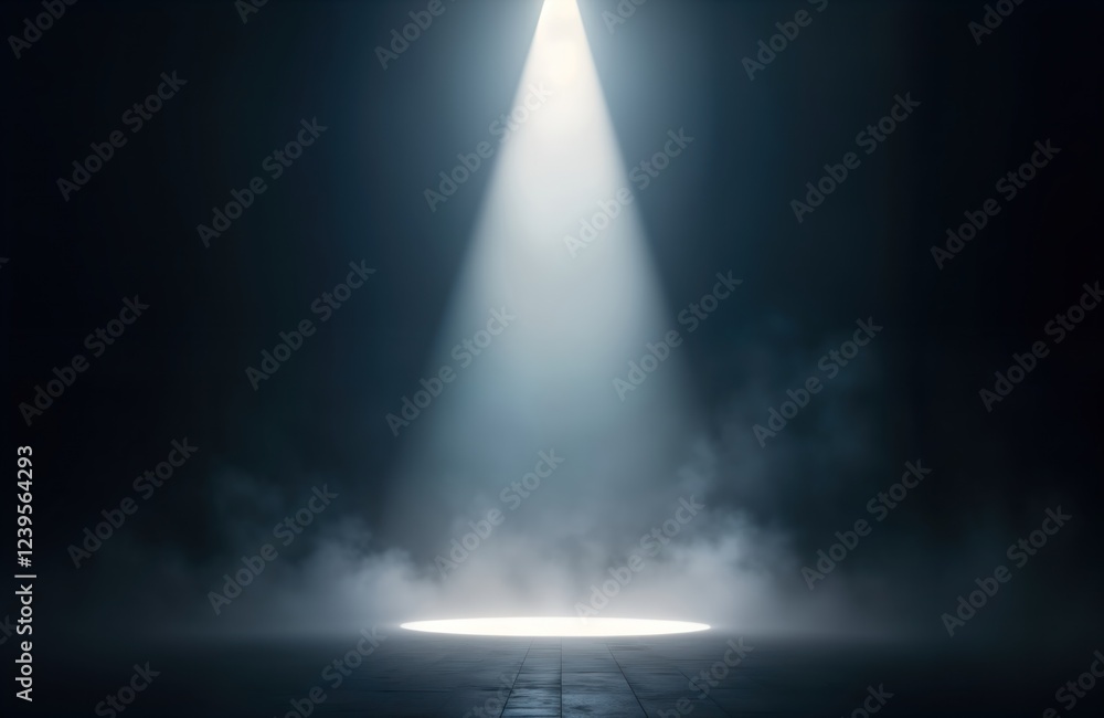 Poster Spotlight illuminates empty space on dark floor. Modern design studio with fog mist. Abstract scene. Bright light beam creates dramatic effect. Indoor setting. Potential use in presentation, product