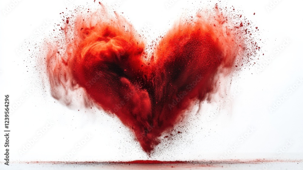Poster exploding red powder heart shape on white background capturing dynamic movement and vibrant colors