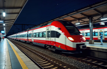 Fast train moves rapidly through station platform at night. Modern locomotive with red, white paint. No people on platform. Urban transit system in action. High-speed travel, urban scene at night.