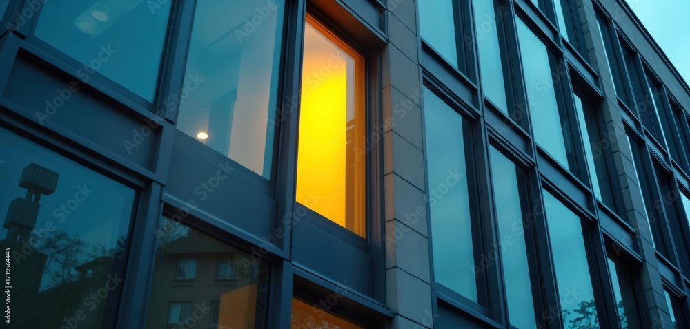 Poster modern building facade with many windows. one window glows with bright yellow light. contemporary ar