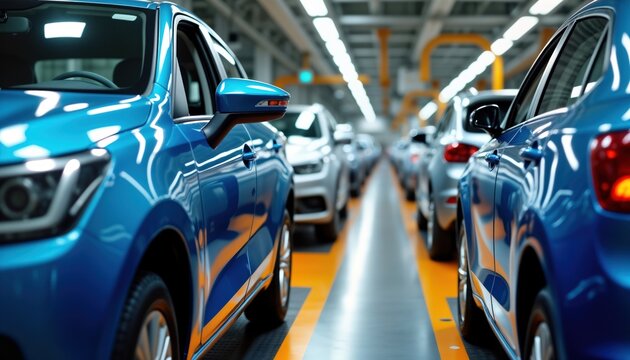 Modern cars move on assembly line inside factory. Automated tech production facility. Blue vehicles in mass production. Precise auto parts assembly. High-tech industry. Futuristic manufacturing.
