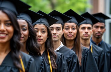 Diverse group of graduate students in academic gowns, caps stands outdoors in row. Students various ethnicities look focused, proud. Atmosphere one of achievement, celebration. Could graduation