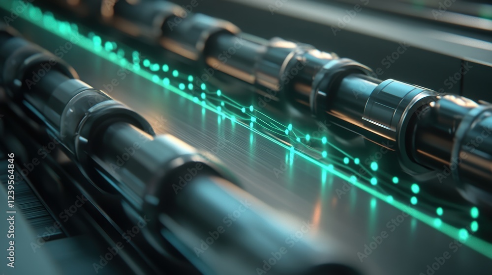 Poster data analysis visualization flowing on a production line, symbolizing innovative manufacturing proce