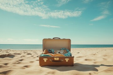 A vintage suitcase sits on a sunny beach, its lid open to show colorful summer clothes beneath a blue sky and calm sea, creating an inviting scene perfect for adventure and exploration
