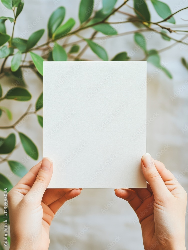 Leinwandbilder Blank paper held by hands surrounded by greenery in a calm indoor setting during daylight. Generative AI