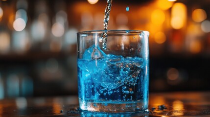 Close-up of blue cocktail pouring into glass with ice in vibrant bar setting