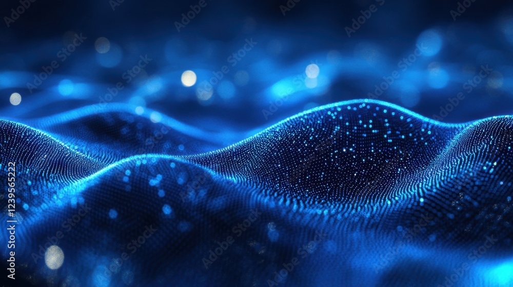 Poster blue wavy abstract background with glowing dots and light particles in motion