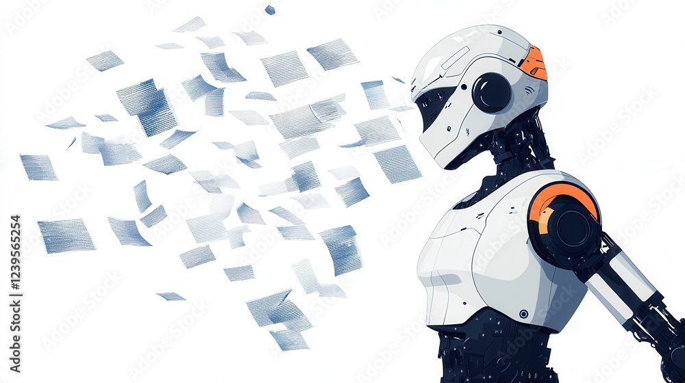 Poster futuristic robot with digital data matrix in the air, high-tech concept
