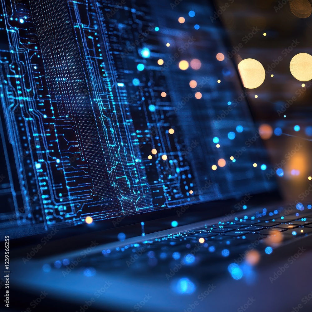 Poster laptop displays digital data, bright bokeh in background, technology for data processing