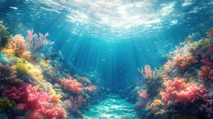 Fototapeta premium Vibrant underwater scene with colorful coral reef and sunlight beams