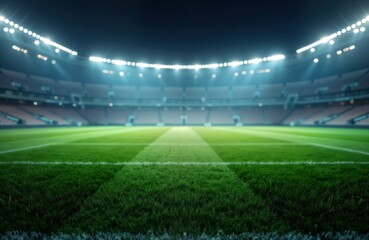 Empty soccer stadium at night. Bright stadium lights illuminate green field. No people are visible in stands. Focus is on vibrant green grass. Scene evokes sense of anticipation for game.