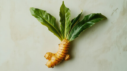 Fresh Turmeric Root with Green Leaves