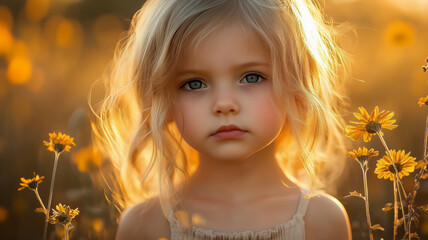 Fototapeta premium Golden hour radiance shines softly on a young child amidst blooming flowers