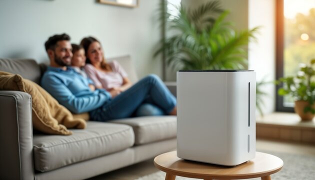 Happy family relaxes on modern couch. Air purifier sits in foreground of living room. Cozy, clean living environment. Modern, elegant interior design. Indoor photo. Family enjoying relaxing moment.