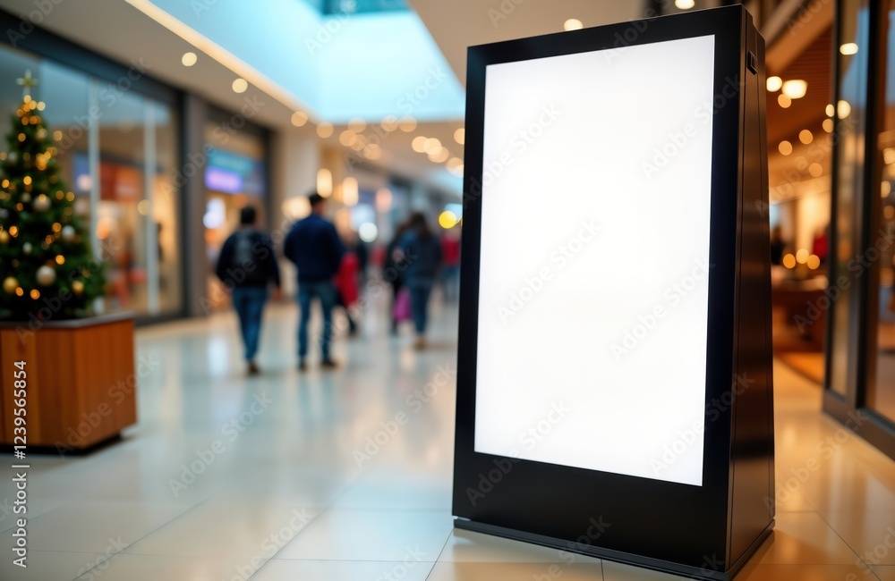 Poster vertical digital billboard in mall interior. blank screen for advertising. people walking in backgro