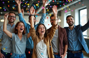 Happy business team celebrates success in office. Confetti falls. Young adults raise arms in joy. Indoor corporate event. Teamwork, togetherness. Festive mood. Success celebration. Happy faces,