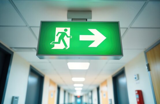 Emergency fire exit sign hangs from ceiling in hospital corridor. Green lightbox shows arrow indicating exit direction, running figure. Indoor hospital environment with doors, hallway. Safety,