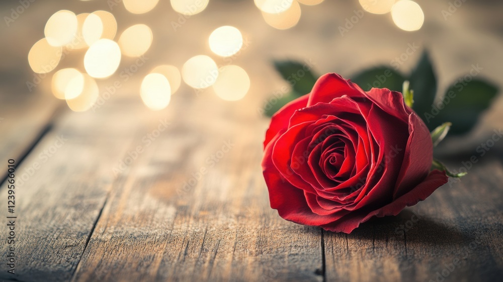 Fototapete beautiful red rose resting on rustic wooden table with soft glowing lights in the background during 