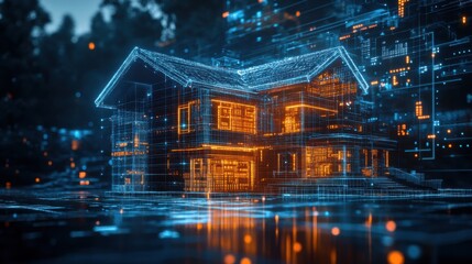 Futuristic smart home design with digital interface in neon blue and orange grid