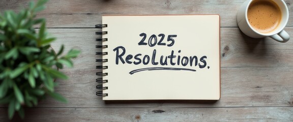 Naklejka premium A cozy workspace features a notebook opened to a page that boldly states 2025 Resolutions, accompanied by a steaming cup of coffee. This inviting scene captures the essence of new beginnings and