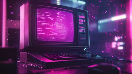Obraz premium Retro futuristic computer with neon pink glow in a cyberpunk setting