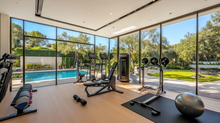 Fototapeta premium Luxury home gym with panoramic views overlooking a lush green landscape and pool