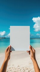 Blank canvas held by hands against a beautiful beach and clear blue sky. Generative AI